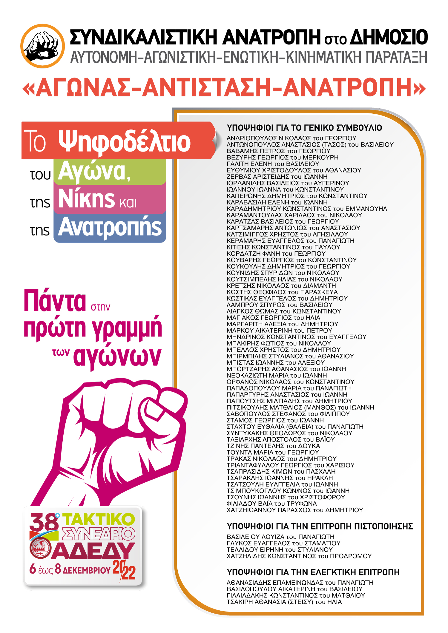 ΤΟ ΨΗΦΟΔΕΛΤΙΟ ΤΟΥ ΑΓΩΝΑ, ΤΗΣ ΝΙΚΗΣ ΚΑΙ ΤΗΣ ΑΝΑΤΡΟΠΗΣ στο 38ο ΤΑΚΤΙΚΟ ΣΥΝΕΔΡΙΟ ΤΗΣ Α.Δ.Ε.Δ.Υ.