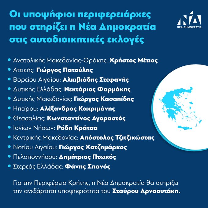Οι 13 περιφερειάρχες που στηρίζει η ΝΔ .