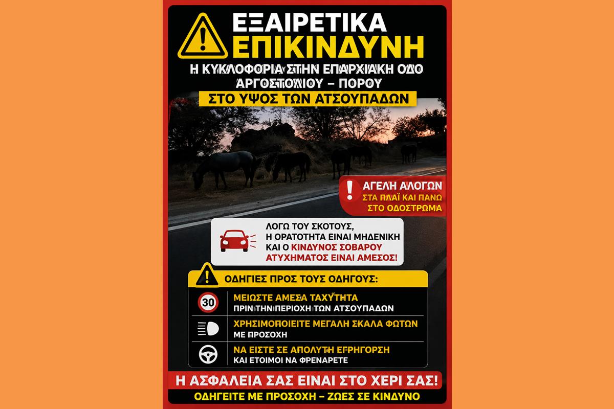 ​Αγέλη αλόγων στον δρόμο Αργοστολίου – Πόρου (Ύψος Ατσουπάδες) SOS SOS Mεγαλη Προσοχή απο τους Οδηγούς