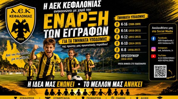 Η ΑΕΚ ΚΕΦΑΛΟΝΙΑΣ ανακοινώνει με χαρά την έναρξη των εγγραφών για τα τμήματα υποδομής της πρώτης μας αγωνιστικής περιόδου!