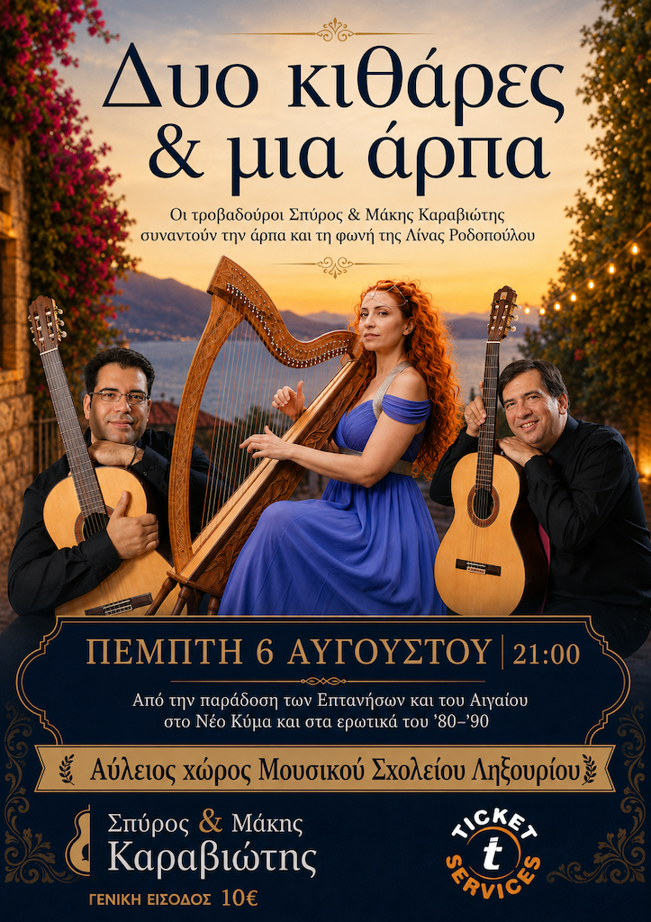 Ληξούρι: «Δυο κιθάρες και μια άρπα» με τους Σπύρο & Μάκη Καραβιώτη και τη Λίνα Ροδοπούλου